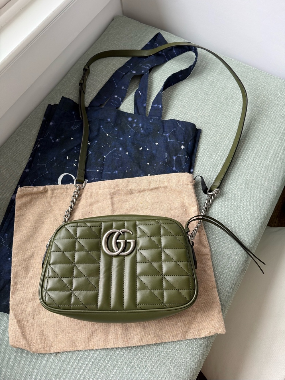 Gucci Olive Green Quilted Leather GG Crossbody Bag